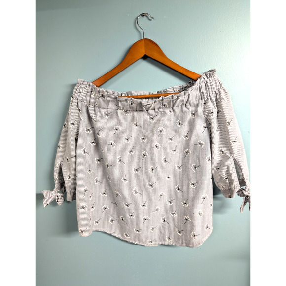 Love Notes Womens Blowing Dandelion Blue Ticking Shirt Off Shoulder Sz Large - Picture 1 of 4